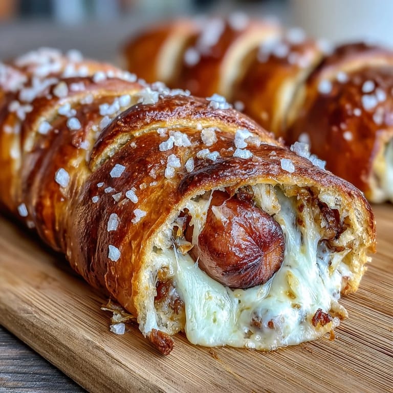 A close-up shows Soft Baked Cheesy Pretzel Dogs with gooey cheddar oozing from the pretzel crust.