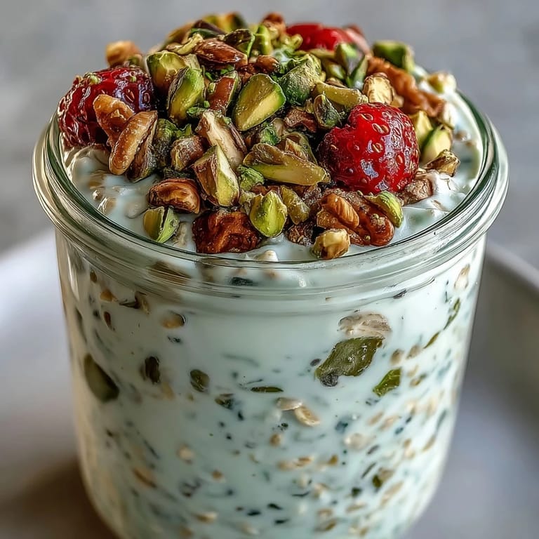 Cold pistachio overnight oats served with extra nuts and sliced fruit in a breakfast bowl.