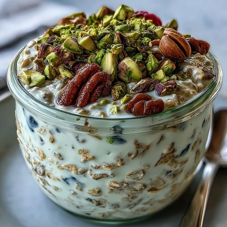 Healthy pistachio overnight oats breakfast with Greek yogurt, chia seeds, and maple syrup swirl.