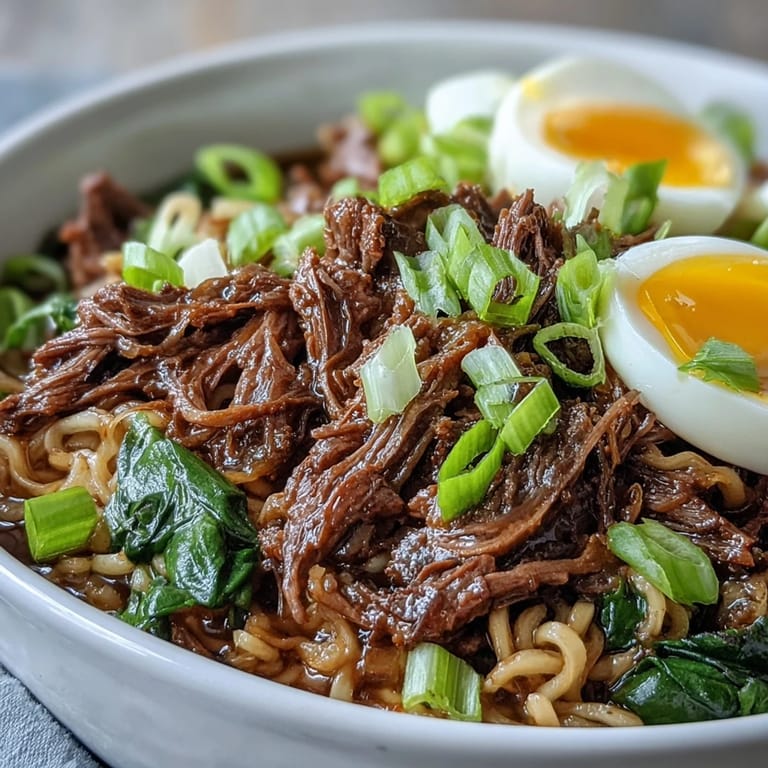 A savory Slow Cooker Beef Ramen Noodles garnished with green onions and soft-boiled eggs.