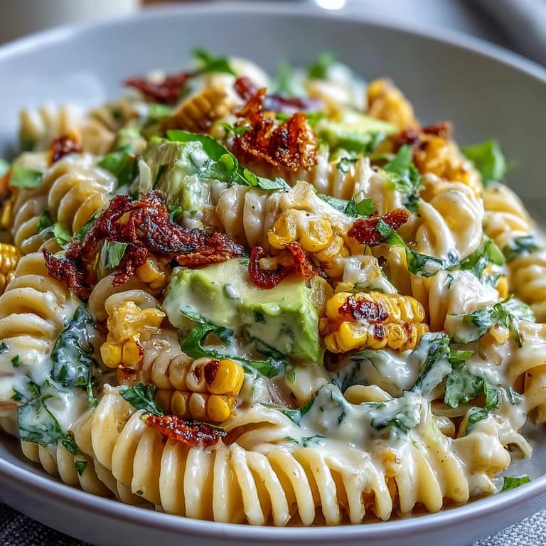 Creamy Street Corn Pasta Salad topped with torn basil and cilantro, drizzled with lime mayo and spicy chili butter.