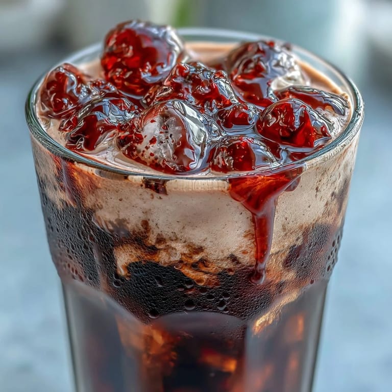 Ice-cold Dr Pepper with coconut cream swirl and fresh blackberry garnish for the Midnight Malibu Dirty Soda.