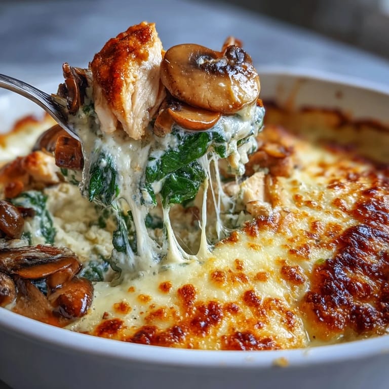 Bubbling, golden-brown Chicken Spinach & Mushroom Low Carb Oven Dish straight from the oven, ready to serve.