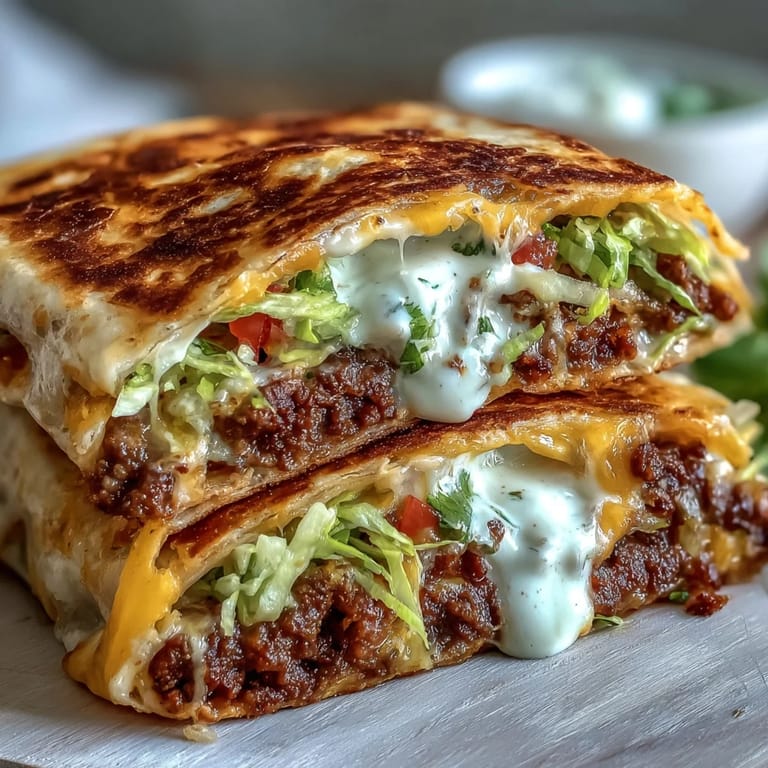 A close-up of a crispy Keto Crunchwrap sliced in half, revealing layers of savory beef filling and creamy cheese sauce.