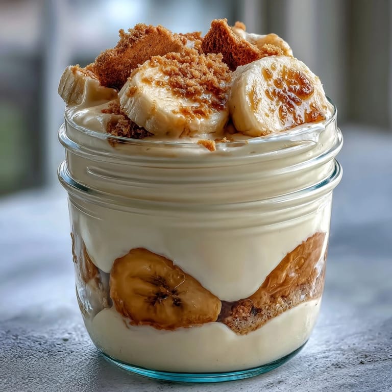 A spoon serving a portion of Protein Banana Pudding, revealing layers of bananas and creamy high-protein custard.