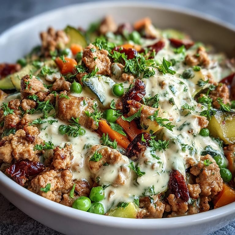 Family-style Creamy Ranch Turkey & Veggie Skillet on pasta, showing tender carrots and peas in a rich creamy ranch sauce.