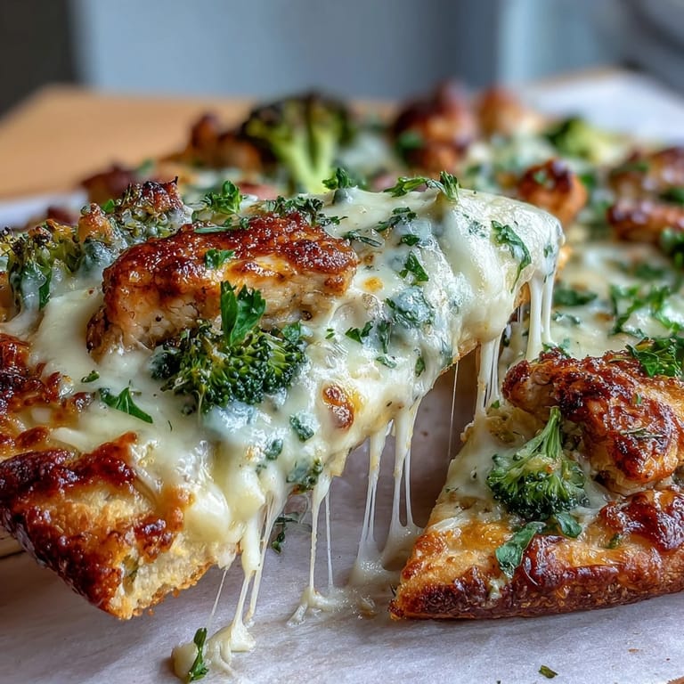 Sliced Garlic Parmesan Chicken & Broccoli Pizza rests on a rustic cutting board beside a glass of white wine for dinner.