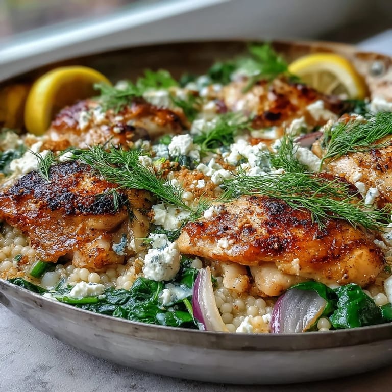 A hearty, Mediterranean-inspired one-pan meal with tender chicken and pearl couscous in a creamy yogurt-feta sauce, finished with fresh dill and lemon wedges for brightness.