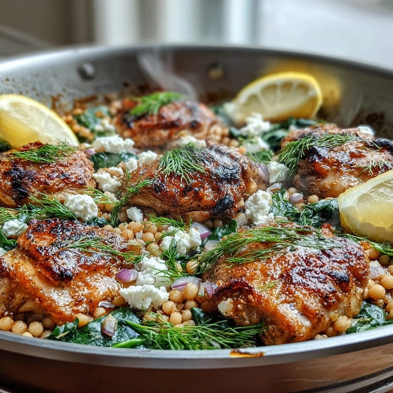 Freshly baked Creamy Greek Chicken & Pearl Couscous Bake emerges from the oven with bubbling feta, wilted spinach, and juicy chicken, perfect for a weeknight dinner.