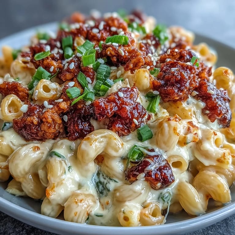 A hearty fusion dinner of cheesy pasta and savory Korean-inspired turkey crumbles, garnished with sesame seeds.