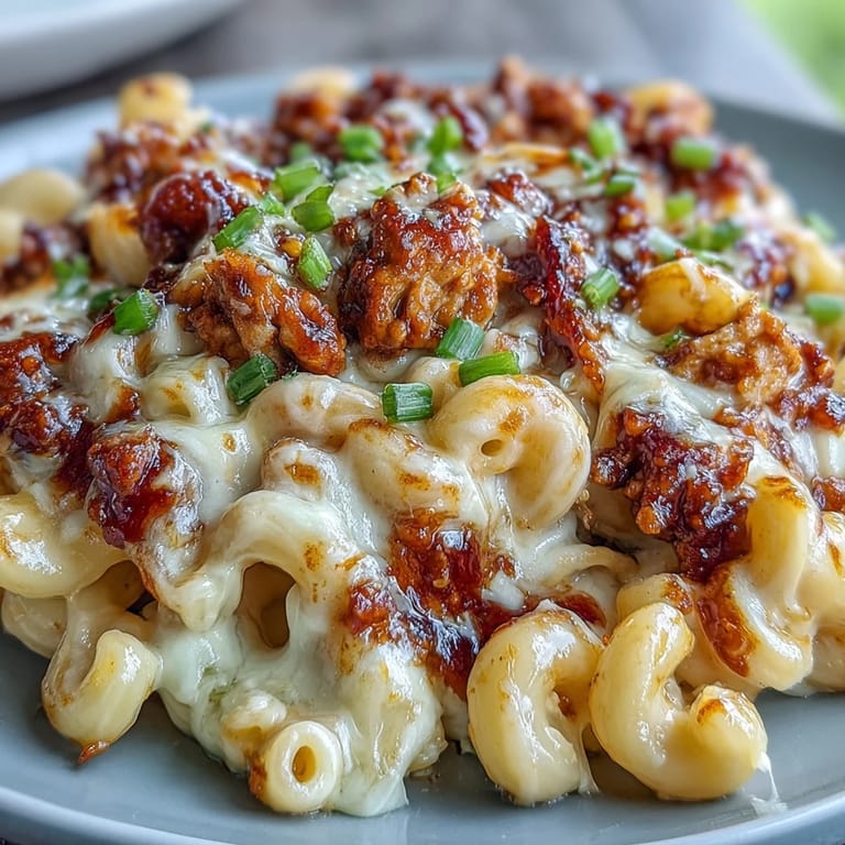 Korean-Style Turkey Mac & Cheese served in a white bowl with a glossy gochujang sauce.