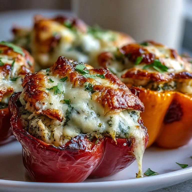 Baked mini sweet peppers stuffed with creamy pesto chicken and melty mozzarella cheese.