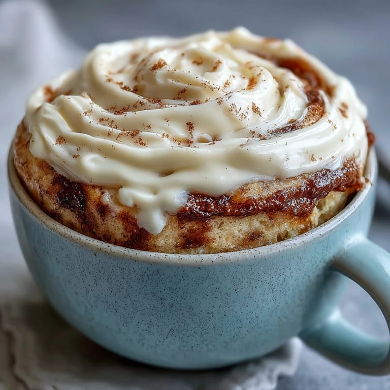 Freshly microwaved High-Protein Cinnamon Roll Mug Cake reveals a moist crumb with a sweet cinnamon spiral and rich glaze.  