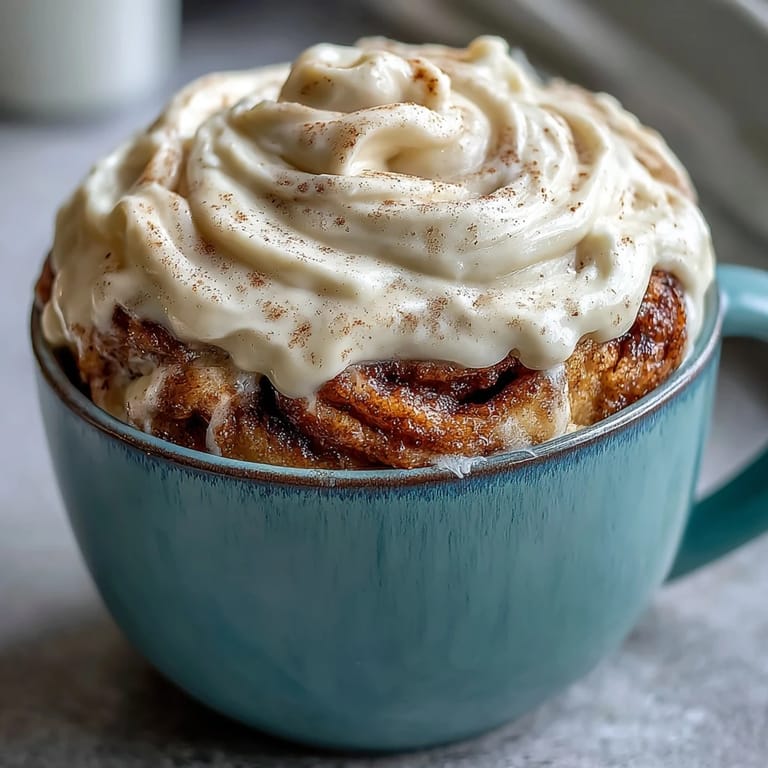 Served warm in a mug, High-Protein Cinnamon Roll Mug Cake is topped with luscious cream cheese frosting for a cozy treat.