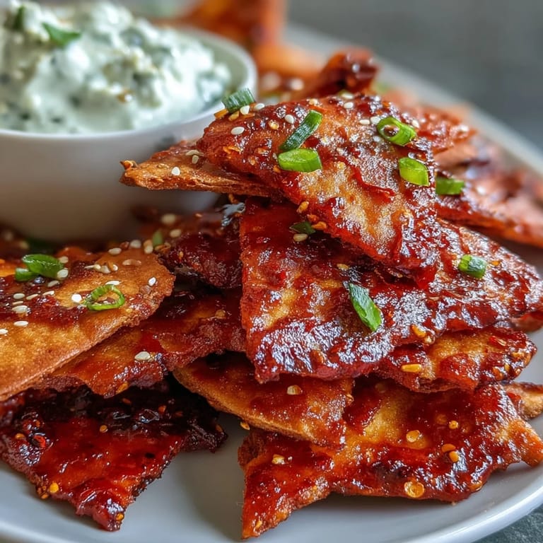 A close-up of crunchy, chili crisp-coated garlic naan chips arranged next to a bowl of refreshing cucumber dip, garnished with sesame seeds.  