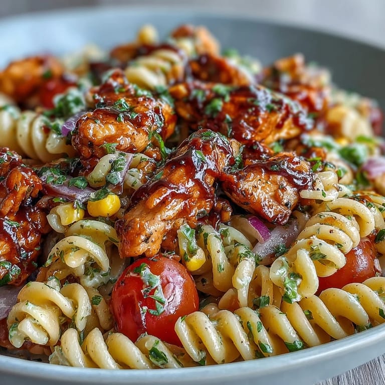 Honey BBQ Chicken Pasta Salad in a clear glass bowl, garnished with fresh parsley, ready to serve at a summer potluck.