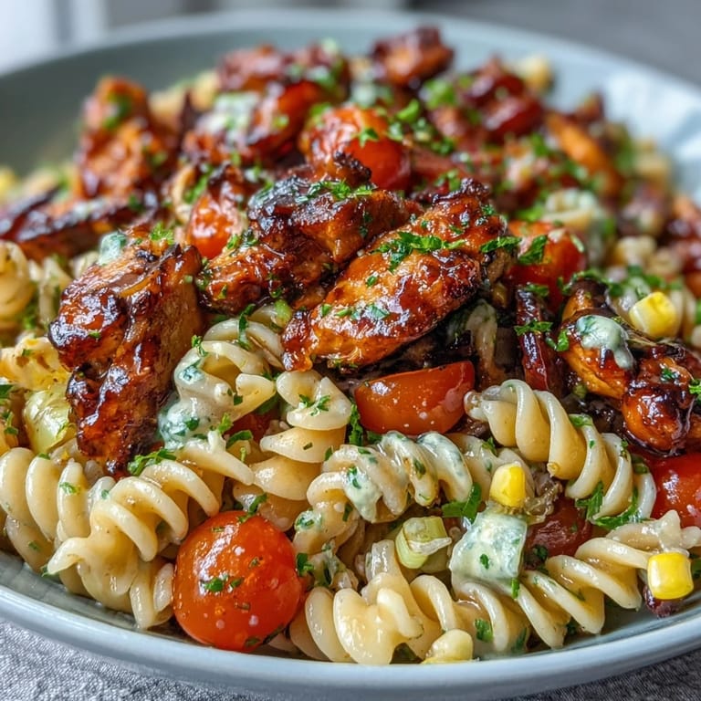 Overhead view of Honey BBQ Chicken Pasta Salad highlighting tender BBQ chicken cubes, corn, and celery mixed into the pasta.