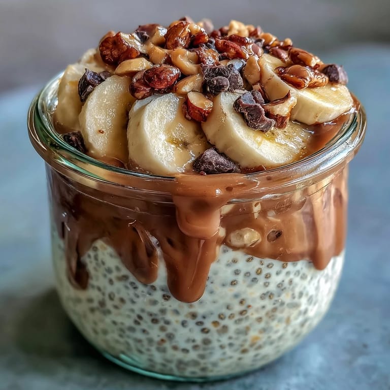 Chunky Monkey Overnight Chia Pudding topped with dark chocolate chips and chopped peanuts is shown ready to enjoy, perfect for a healthy breakfast.