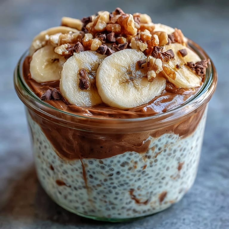 A ready-to-eat jar of Chunky Monkey Overnight Chia Pudding, featuring rich chocolate and banana for an easy grab-and-go breakfast.