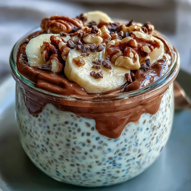 Delicious no-cook Chunky Monkey Overnight Chia Pudding topped with walnuts and chocolate chips, perfect for a healthy American dessert.