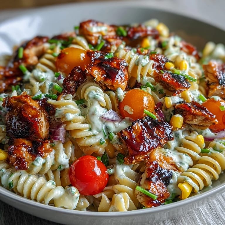 A bowl of Honey BBQ Chicken Pasta Salad features rotini, corn, tomatoes, and celery, garnished with fresh chives.