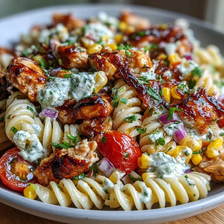 Honey BBQ Chicken Pasta Salad served in a white dish, ready for a summer picnic or potluck table.