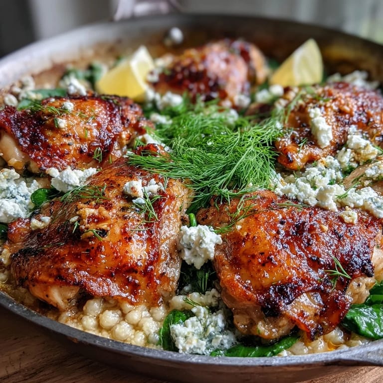Savory Mediterranean flavors in a one-pan creamy chicken bake featuring pearl couscous, spinach, and tangy feta cheese.