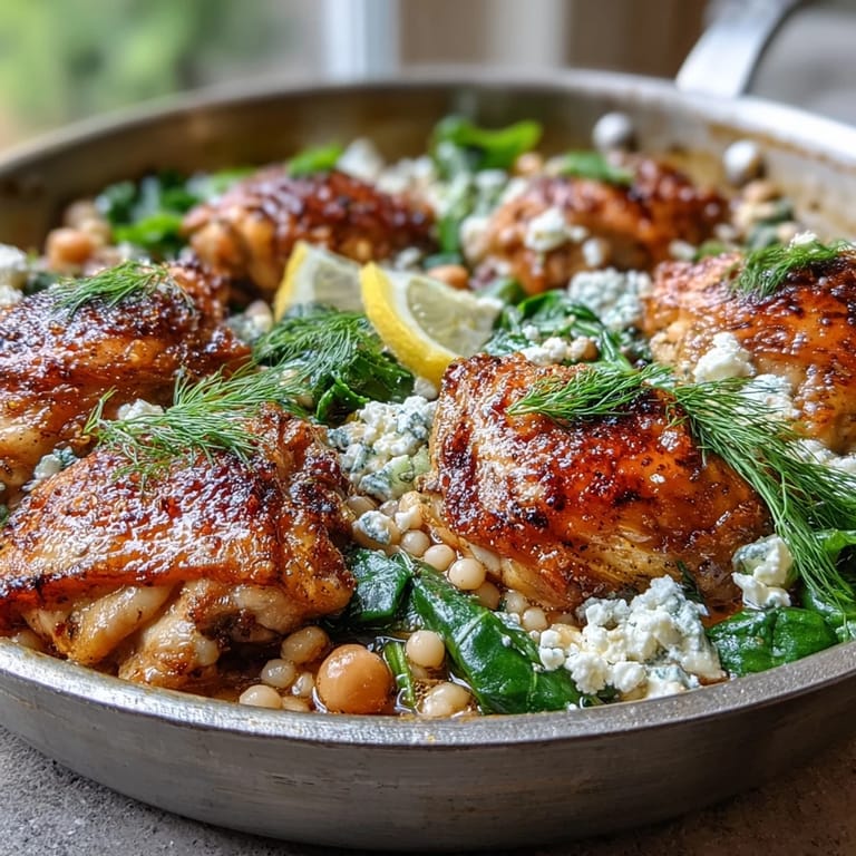 A golden, bubbly Greek chicken and pearl couscous bake served fresh from the oven with lemon wedges.