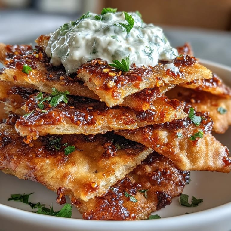 A close-up of baked Spicy Chili Crisp Garlic Naan Chips with chili crisp drizzle beside a green-flecked Creamy Asian Cucumber Dip.
