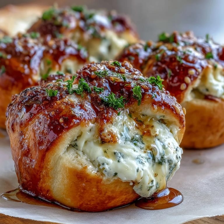 Freshly baked Hot Honey Ricotta Stuffed Garlic Knots with melted ricotta filling on a white ceramic plate.