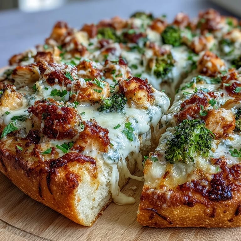 A close-up of Garlic Parmesan Chicken & Broccoli Pizza slices served hot, garnished with fresh parsley on a wooden board.