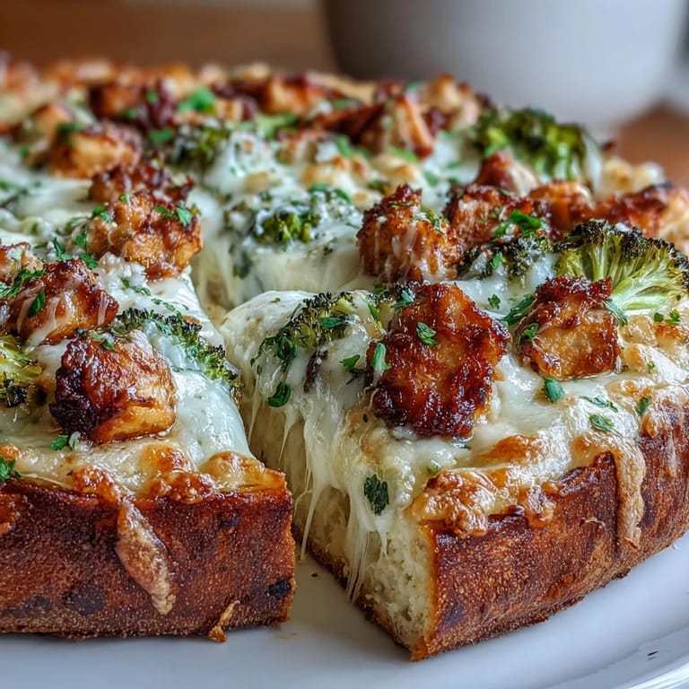 Sizzling Garlic Parmesan Chicken & Broccoli Pizza fresh from the oven, featuring melted mozzarella and vibrant green broccoli florets.