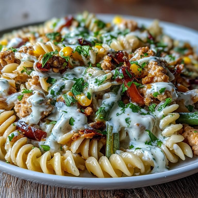 Overhead view of Creamy Ranch Turkey & Veggie Skillet, featuring colorful mixed vegetables and savory ground turkey coated in a velvety ranch cream sauce, ready to be enjoyed.