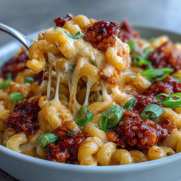 Spoon serving a generous portion of Korean-Style Turkey Mac & Cheese, with sweet heat turkey crumbles over elbow macaroni in a ceramic bowl.