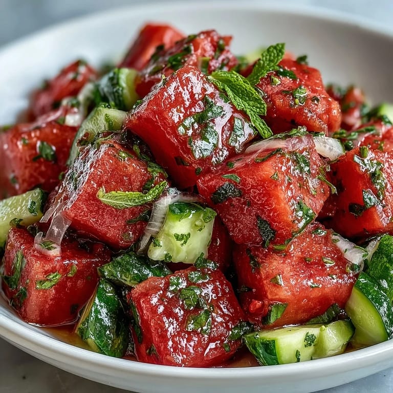 Vibrant Summer Watermelon Cucumber Mint Salad served chilled, mixing sweet melon, crunchy cucumber, and aromatic mint leaves for a refreshing light lunch.