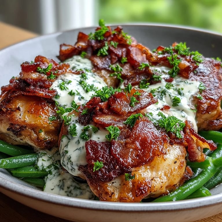 Sizzling Keto Bacon Ranch Chicken Thighs with Green Beans are garnished with fresh parsley and lemon wedges for a zesty finish.