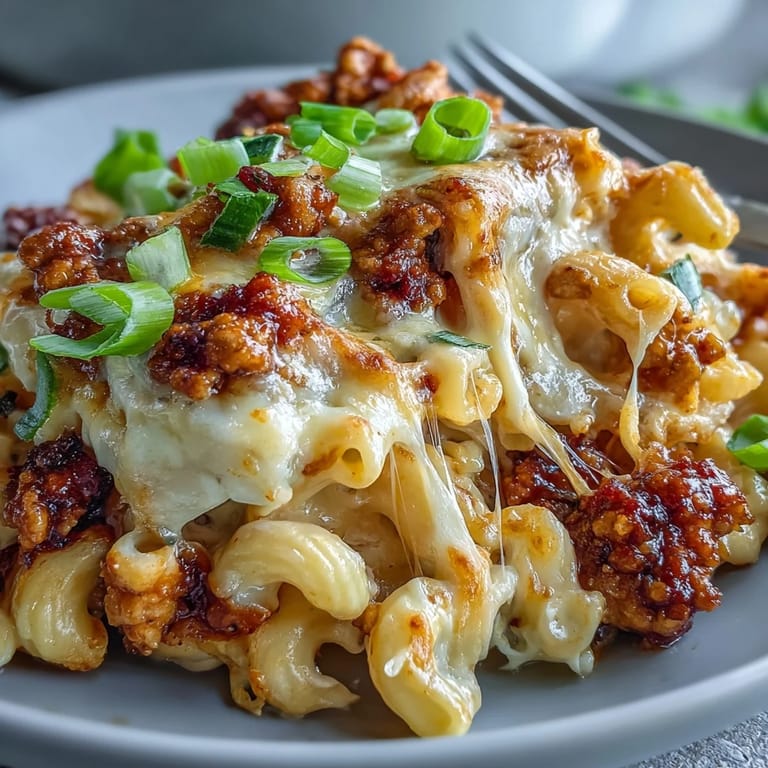 A close-up of Korean-Style Turkey Mac & Cheese revealing golden cheddar sauce and a savory gochujang turkey topping ready to serve.