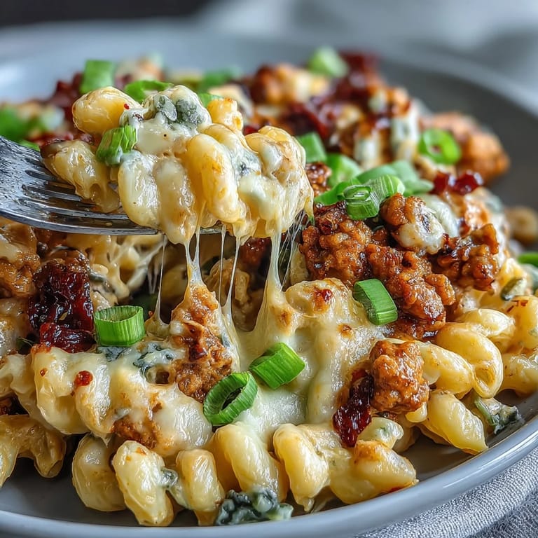Spoon serving a generous portion of Korean-Style Turkey Mac & Cheese, with sweet heat turkey crumbles over elbow macaroni in a ceramic bowl.