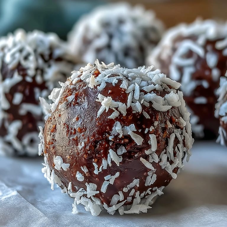 Decadent Vegan Chocolate Avocado Truffles resting on parchment, their fluffy coconut coating perfect for a party dessert platter garnish.