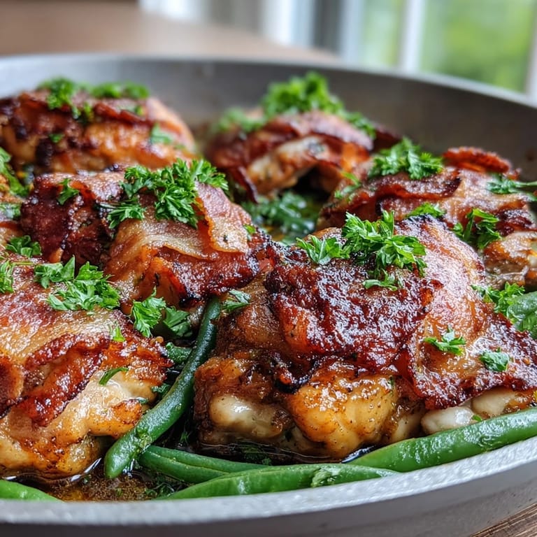 Freshly baked Keto Bacon Ranch Chicken Thighs with Green Beans are arranged on a sheet pan with melted ranch seasoning.