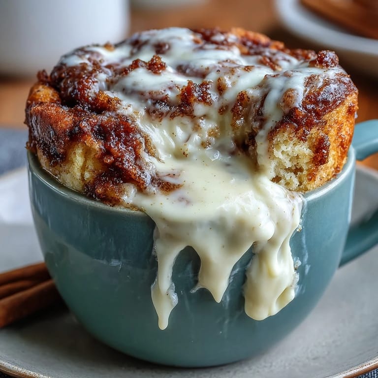 Warm and fluffy cinnamon roll mug cake with a rich protein base and sweet cream cheese topping, perfect for a healthy dessert.