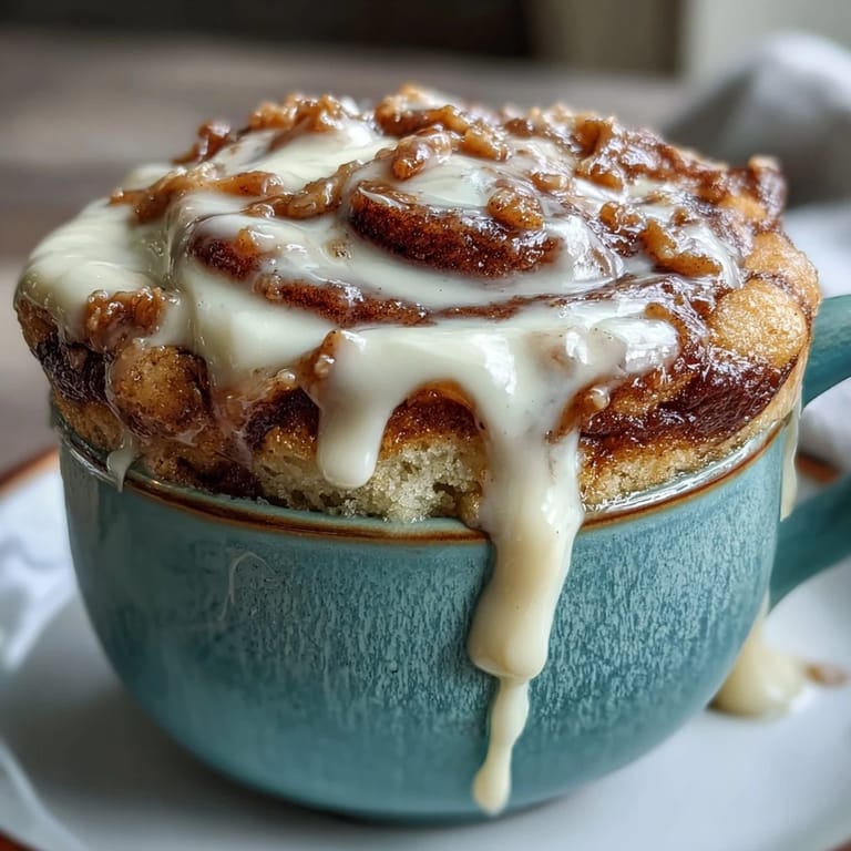 Single-serve high-protein cinnamon roll mug cake featuring a cinnamon swirl and tangy cream cheese frosting, ready in minutes.