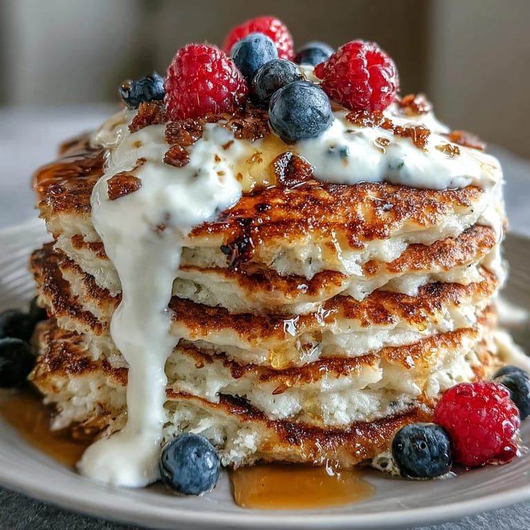 Golden pancakes studded with juicy berries, served with a dollop of Greek yogurt for a wholesome morning treat.