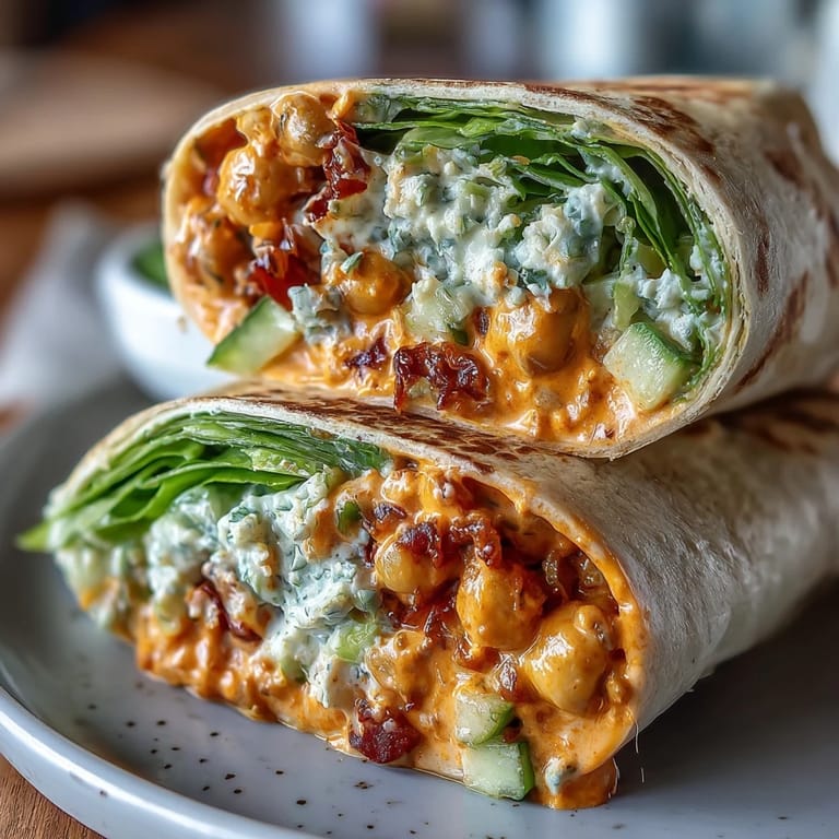 Colorful vegan buffalo chickpea salad wraps with crisp lettuce, cucumber, and avocado, drizzled in zesty buffalo sauce.