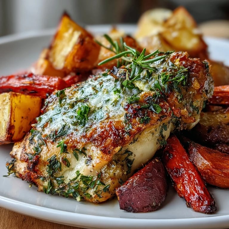 Tender chicken breasts coated in fresh herbs and Parmesan, surrounded by caramelized carrots, parsnips, and sweet potatoes.