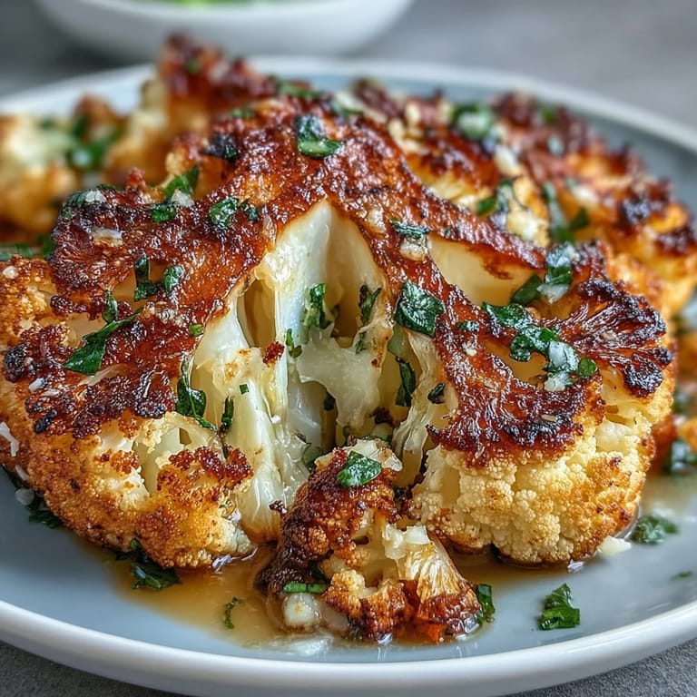 Oven-roasted cauliflower steaks infused with garlic and topped with savory Parmesan for a low-carb, vegetarian main.  