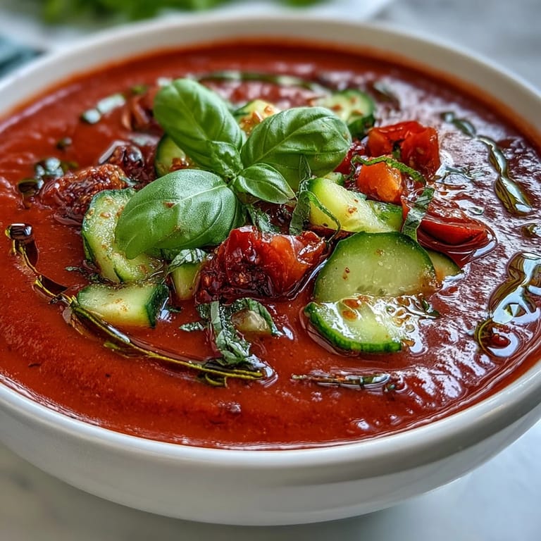 Silky Slim Summer Gazpacho served cold with a drizzle of olive oil and diced vegetable garnish.  