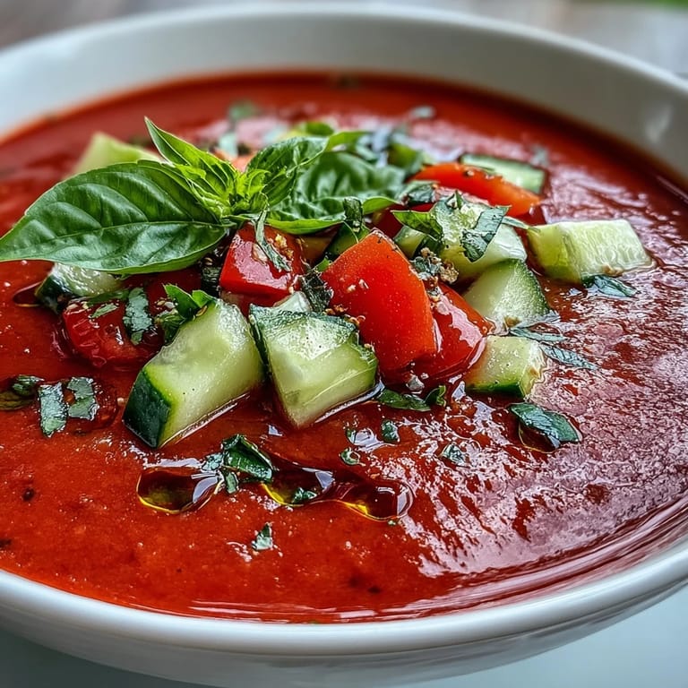 A refreshing Slim Summer Gazpacho soup bursting with garden-fresh flavors, perfect for hot summer days.