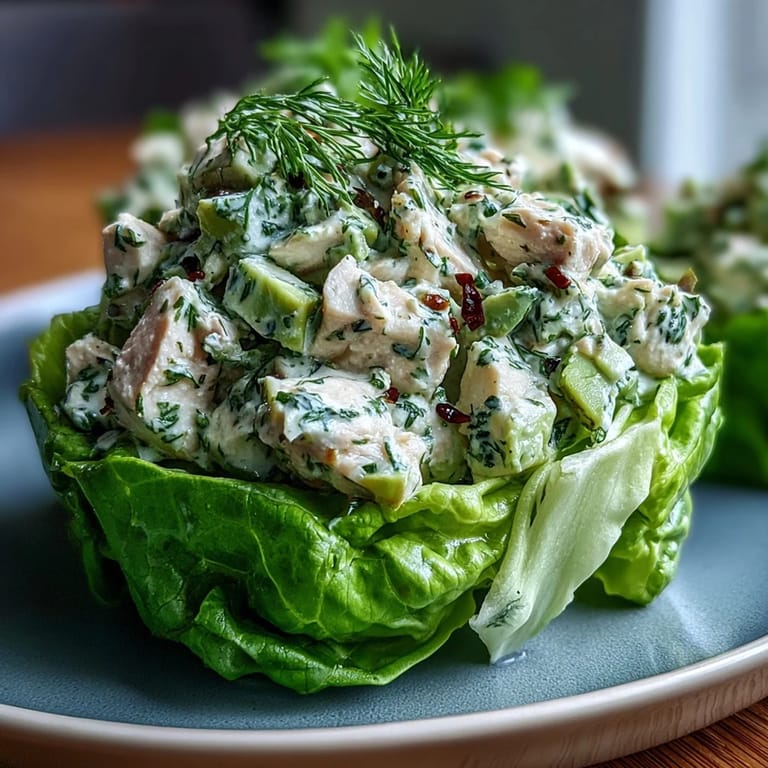 Creamy avocado and tender chicken tossed with fresh herbs, served in crunchy lettuce cups.  