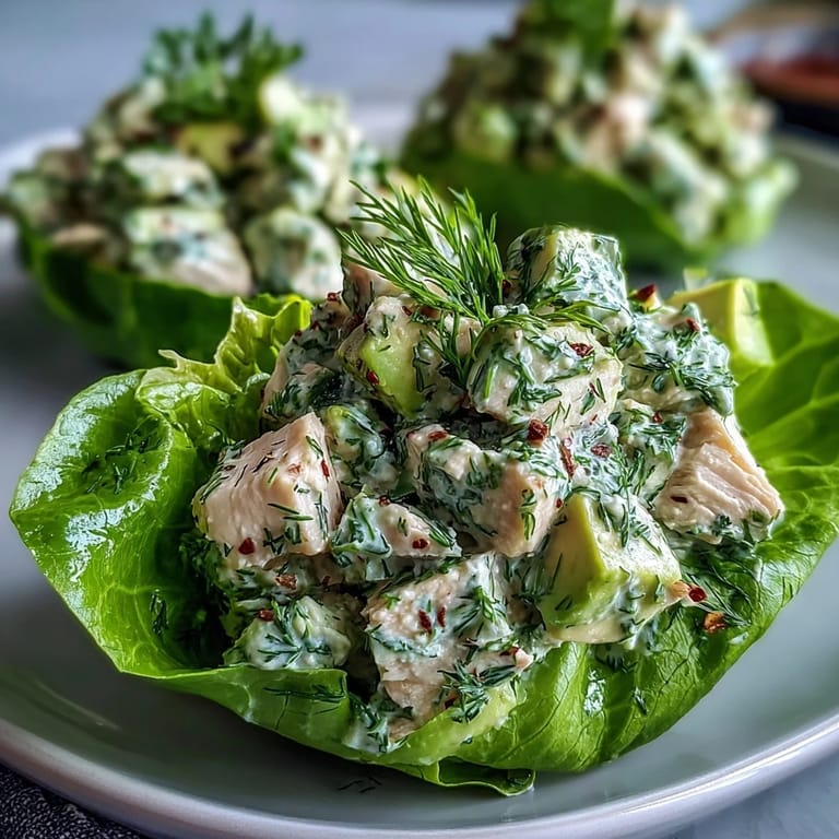 Protein-packed chicken salad with avocado and herbs, spooned into crisp lettuce leaves for a satisfying meal.